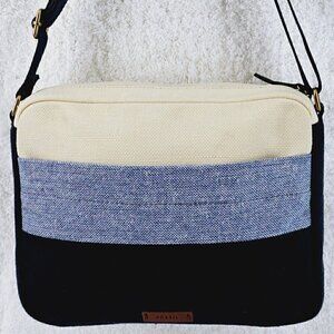 FOSSIL Navy Blue Ivory Striped Linen Crossbody Leather Accents Adjustable Strap